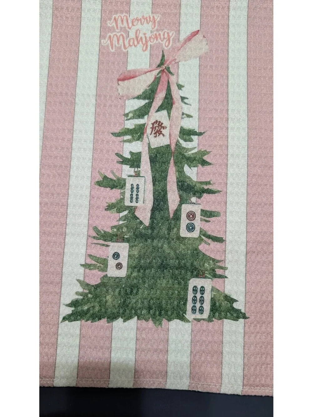 Set of 2 Cotton Kitchen Towels Christmas Mahjong Theme Pink White Striped Green